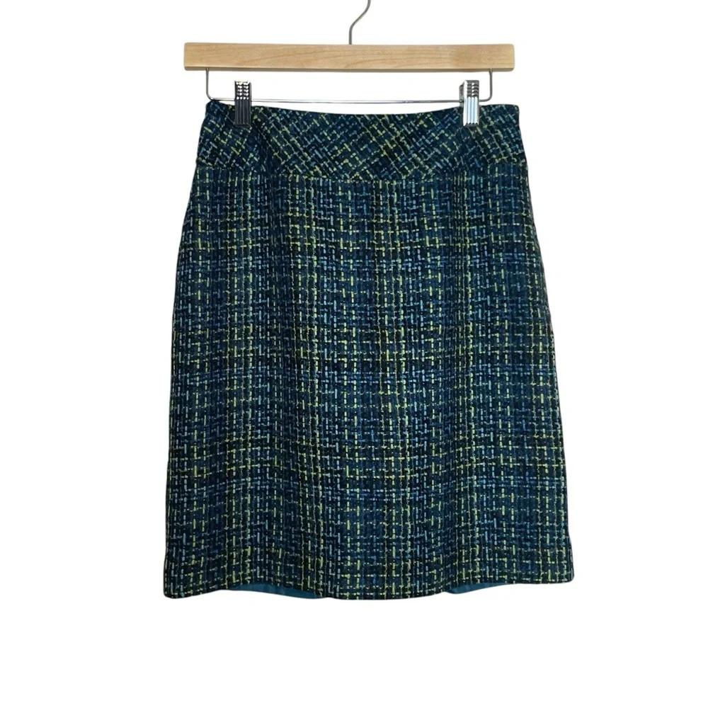 Norton McNaughton Plaid Tweed Short Skirt Green Blue Lined 4 Petite Preppy